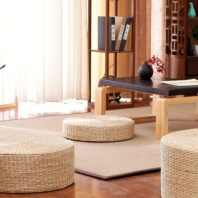 Circular Handmade Woven Pouf Ottoman - Made without Wooden Materials or Electricity, Intricately Plaited Design, Dual-Functioning Tray Top, Long-Lasting Grass Fiber Material Ideal for Tatami Mats and Bay Window Seats.