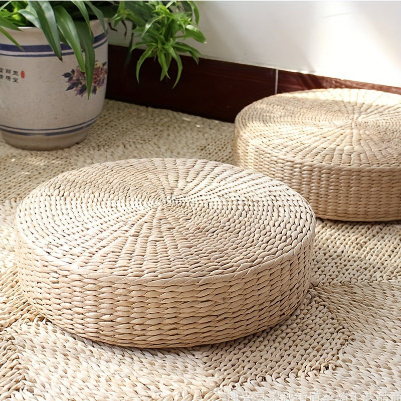 Circular Handmade Woven Pouf Ottoman - Made without Wooden Materials or Electricity, Intricately Plaited Design, Dual-Functioning Tray Top, Long-Lasting Grass Fiber Material Ideal for Tatami Mats and Bay Window Seats.