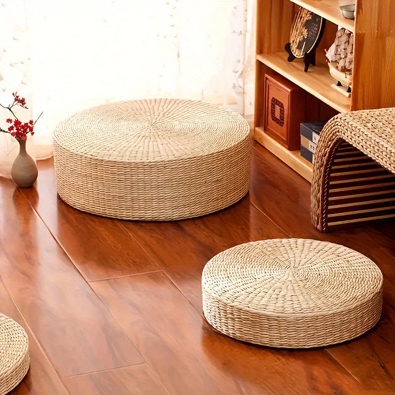 Circular Handmade Woven Pouf Ottoman - Made without Wooden Materials or Electricity, Intricately Plaited Design, Dual-Functioning Tray Top, Long-Lasting Grass Fiber Material Ideal for Tatami Mats and Bay Window Seats.