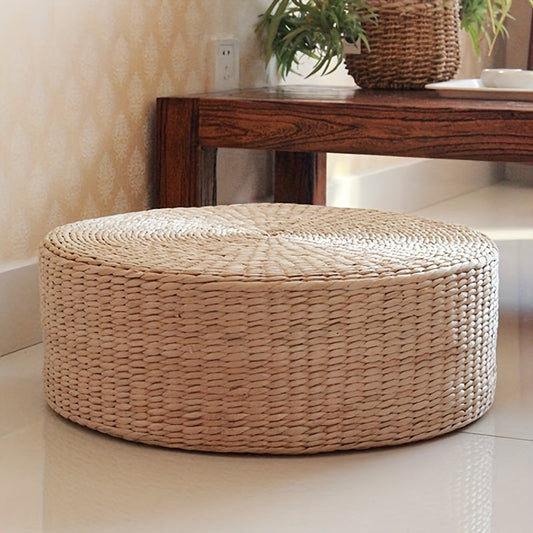 Circular Handmade Woven Pouf Ottoman - Made without Wooden Materials or Electricity, Intricately Plaited Design, Dual-Functioning Tray Top, Long-Lasting Grass Fiber Material Ideal for Tatami Mats and Bay Window Seats.