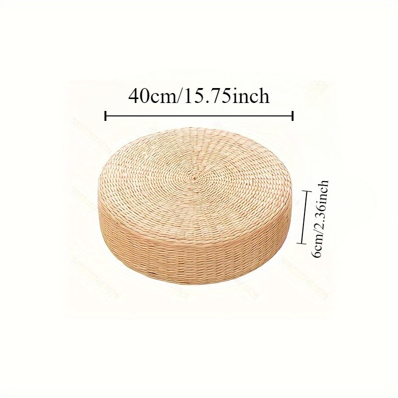 Circular Handmade Woven Pouf Ottoman - Made without Wooden Materials or Electricity, Intricately Plaited Design, Dual-Functioning Tray Top, Long-Lasting Grass Fiber Material Ideal for Tatami Mats and Bay Window Seats.