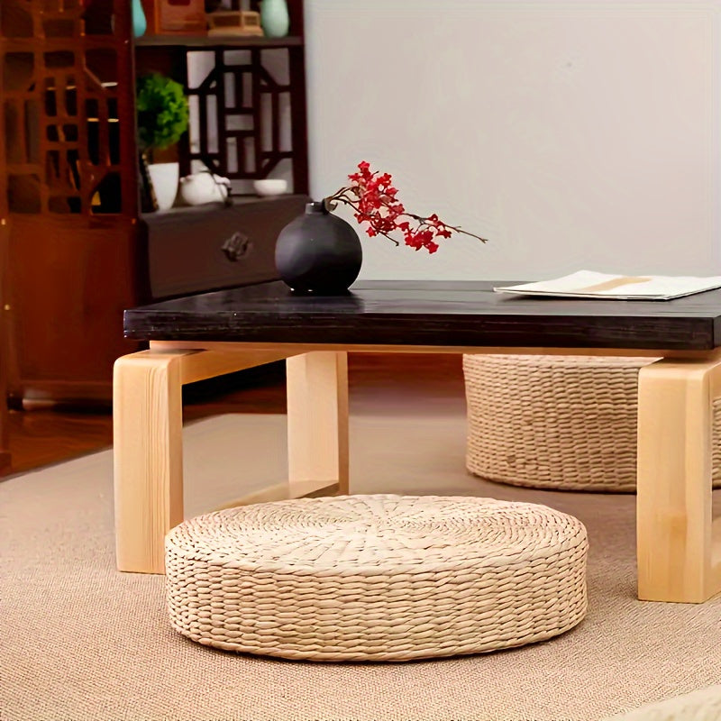 Circular Handmade Woven Pouf Ottoman - Made without Wooden Materials or Electricity, Intricately Plaited Design, Dual-Functioning Tray Top, Long-Lasting Grass Fiber Material Ideal for Tatami Mats and Bay Window Seats.