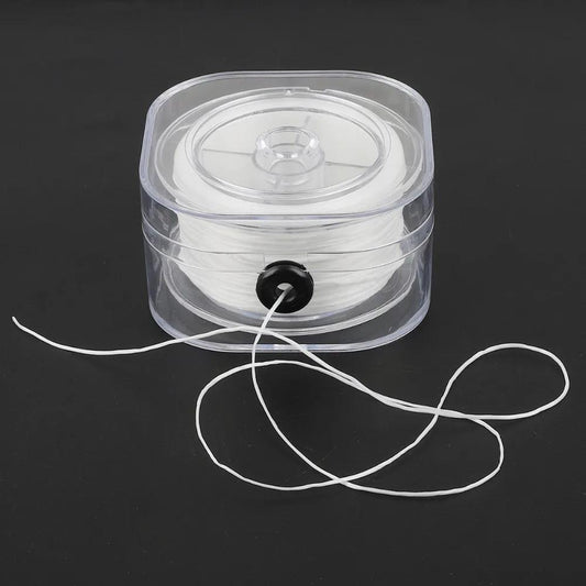 The set includes an assortment of elastic polyester beading thread cords in sizes 0.2mm, 0.6mm, 0.8mm, and 1.0mm, all conveniently stored in a transparent clear storage box. Perfect for DIY jewelry making and beading projects.