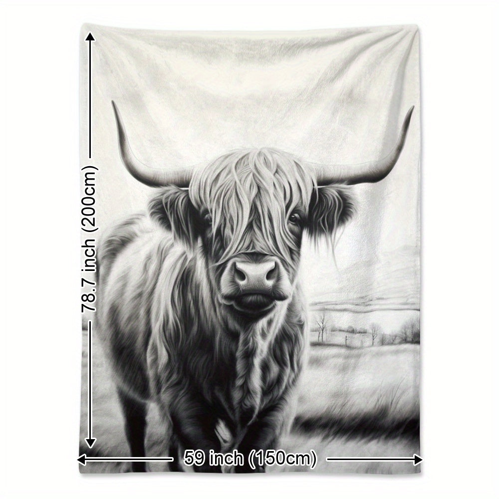 Soft and warm Highland Cattle print flannel blanket, perfect for naps, camping, travel, and home decor. Ideal gift for friends, family, and loved ones.