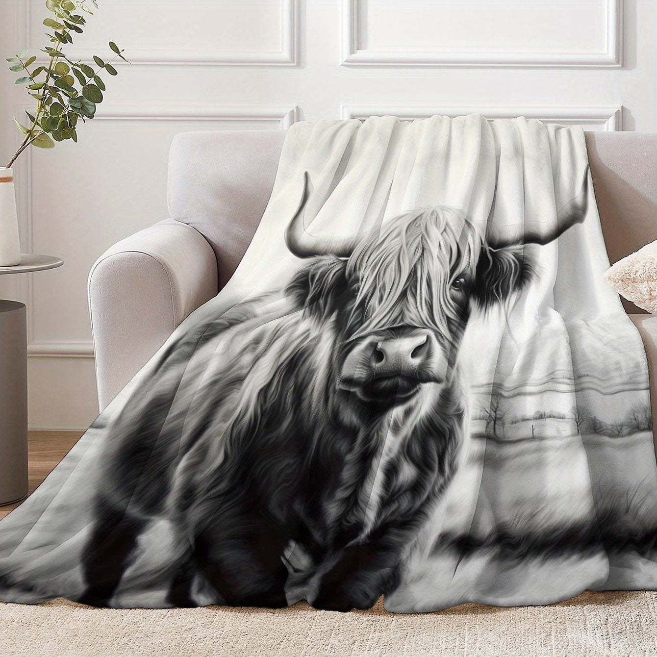 Soft and warm Highland Cattle print flannel blanket, perfect for naps, camping, travel, and home decor. Ideal gift for friends, family, and loved ones.