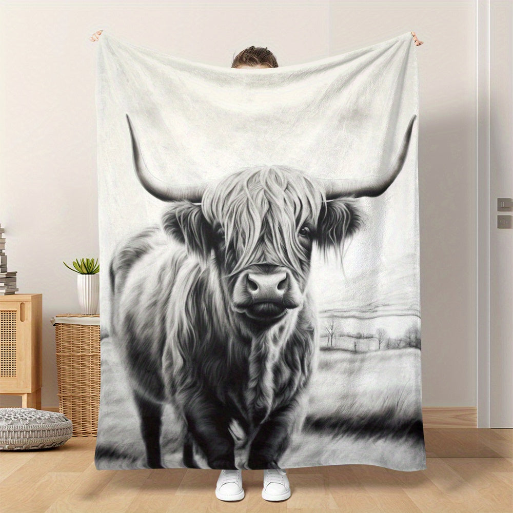 Soft and warm Highland Cattle print flannel blanket, perfect for naps, camping, travel, and home decor. Ideal gift for friends, family, and loved ones.