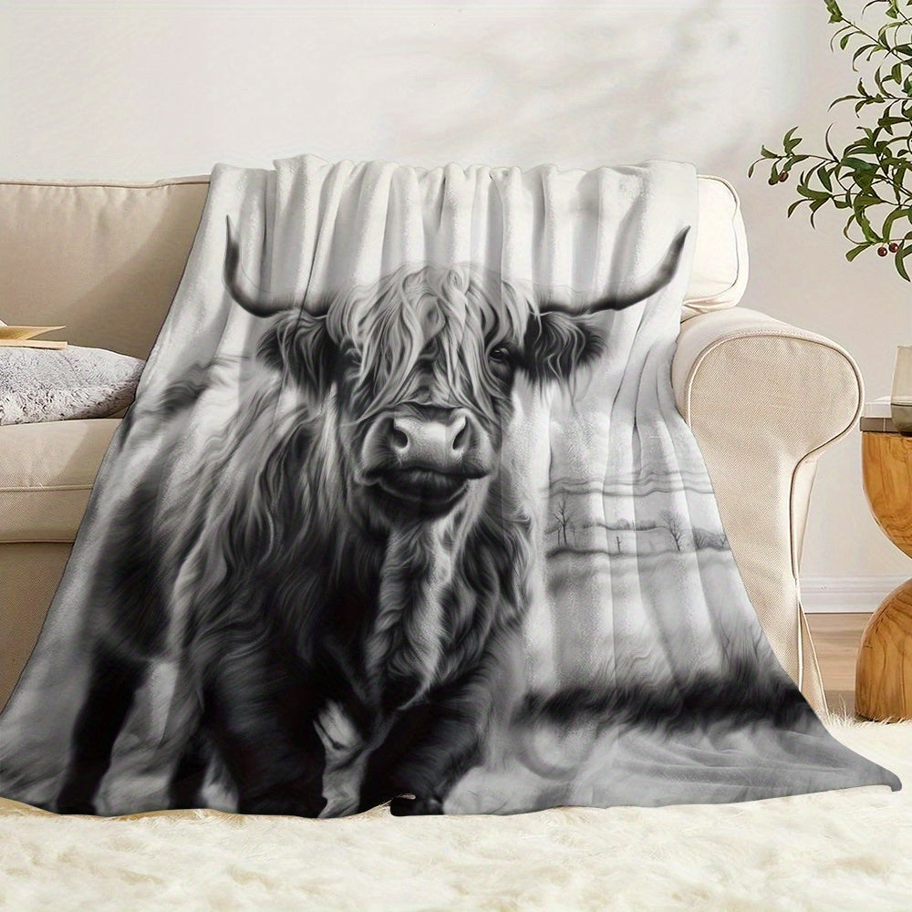 Soft and warm Highland Cattle print flannel blanket, perfect for naps, camping, travel, and home decor. Ideal gift for friends, family, and loved ones.