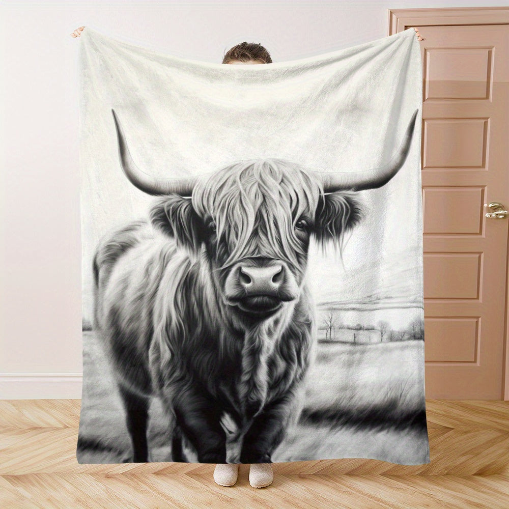 Soft and warm Highland Cattle print flannel blanket, perfect for naps, camping, travel, and home decor. Ideal gift for friends, family, and loved ones.