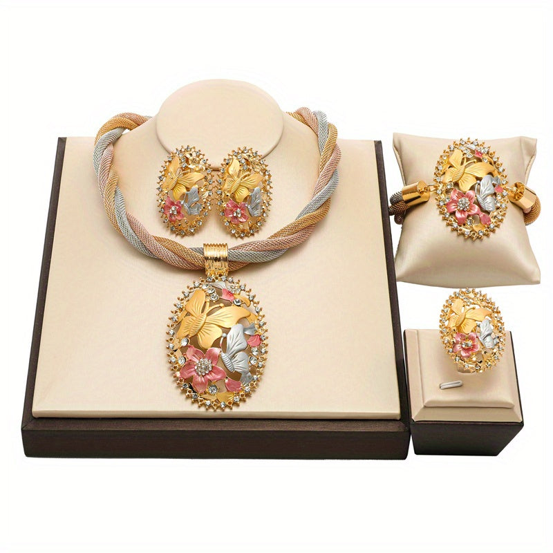 Stunning 4-piece Bridal Jewelry Ensemble - Includes Necklace, Earrings, Ring & Bangle Adorned with Dazzling Rhinestones - Crafted from High-Quality Zinc Alloy, Ideal for Weddings, Events, and Everyday Elegance