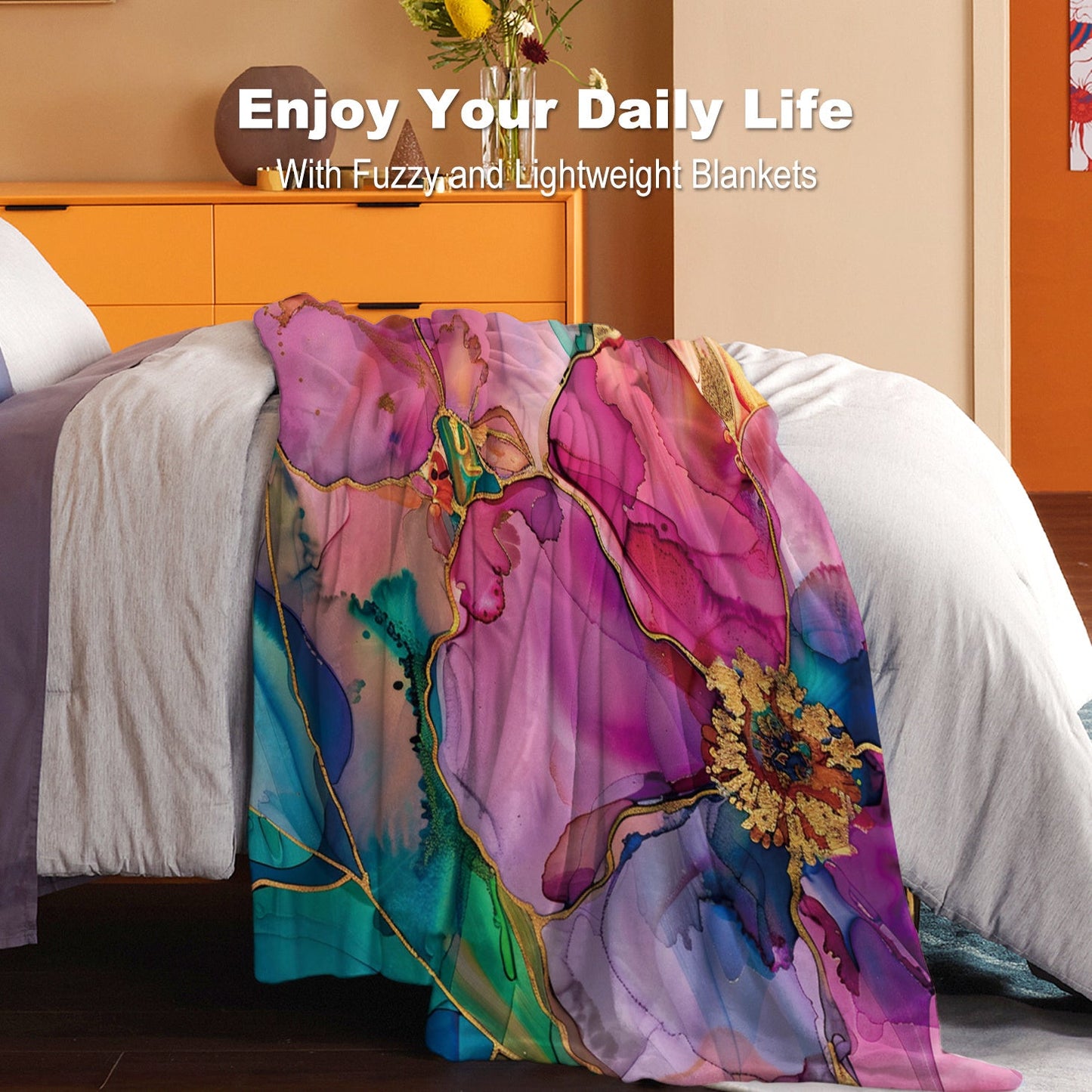 Soft and cozy Korean Element Beautiful Flowers Print Flannel Blanket, perfect for bed, sofa, office, or travel. This lightweight yet warm blanket is suitable for all seasons and makes a great gift for camping enthusiasts.