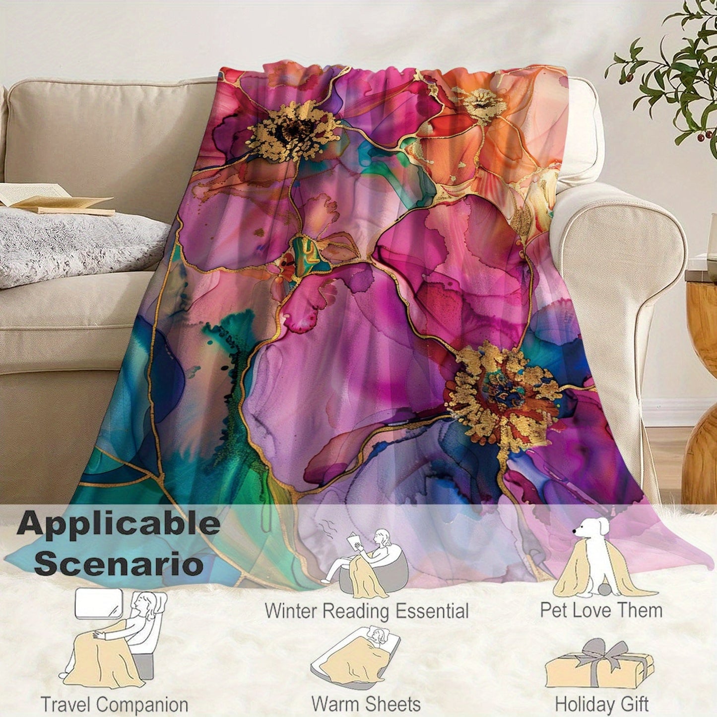 Soft and cozy Korean Element Beautiful Flowers Print Flannel Blanket, perfect for bed, sofa, office, or travel. This lightweight yet warm blanket is suitable for all seasons and makes a great gift for camping enthusiasts.