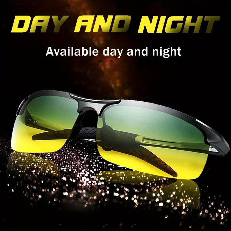 Fashionable yellow-tinted glasses for day and night driving, suitable for both men and women, featuring a square frame and adjustable nose pad and temples. Perfect for driving.