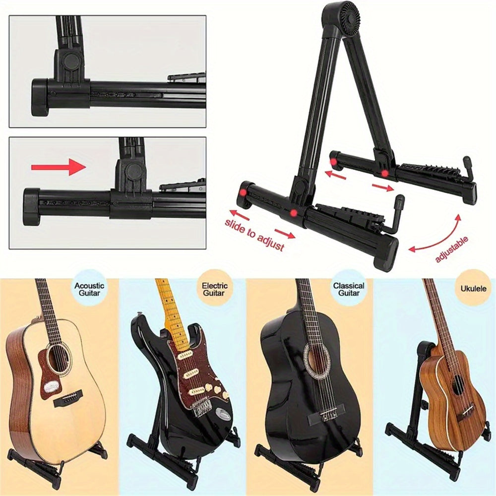 Durable ABS Foldable Stand supports a variety of instruments with adjustable features and easy installation. Ideal for acoustic, electric, bass guitars, mandolins, banjos, ukuleles, and