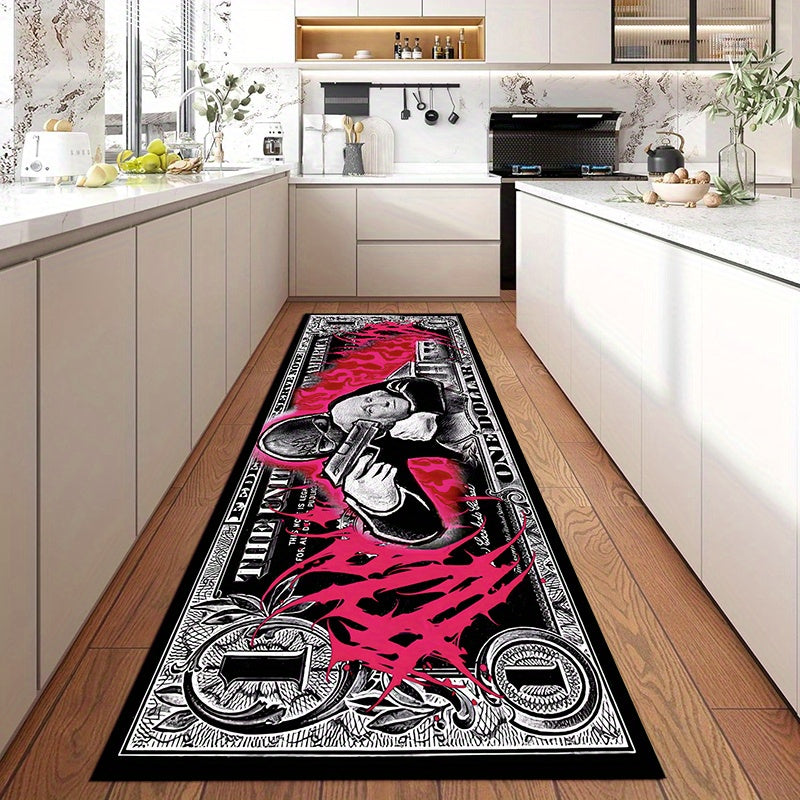 Polyester Area Rug with Gangster Dollar Design - Non-Slip, Thick Crystal Velvet Runner for Living Room, Bedroom, and Indoor Spaces - Trendy Long Floor Mat Hand Washable with Anti-Skid Backing