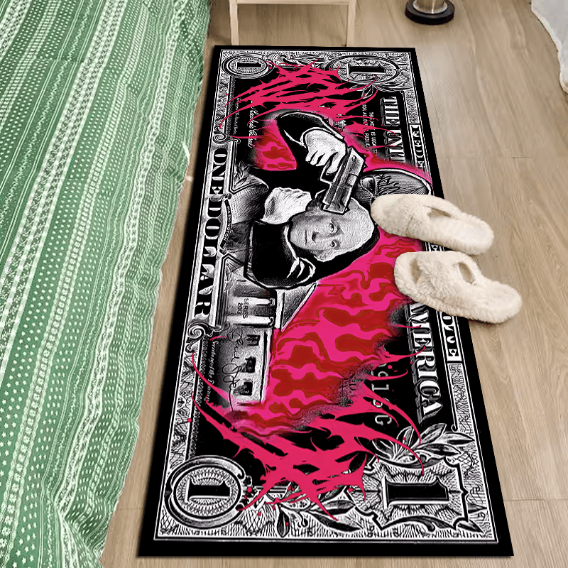 Polyester Area Rug with Gangster Dollar Design - Non-Slip, Thick Crystal Velvet Runner for Living Room, Bedroom, and Indoor Spaces - Trendy Long Floor Mat Hand Washable with Anti-Skid Backing