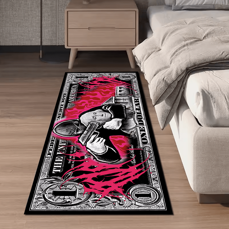 Polyester Area Rug with Gangster Dollar Design - Non-Slip, Thick Crystal Velvet Runner for Living Room, Bedroom, and Indoor Spaces - Trendy Long Floor Mat Hand Washable with Anti-Skid Backing