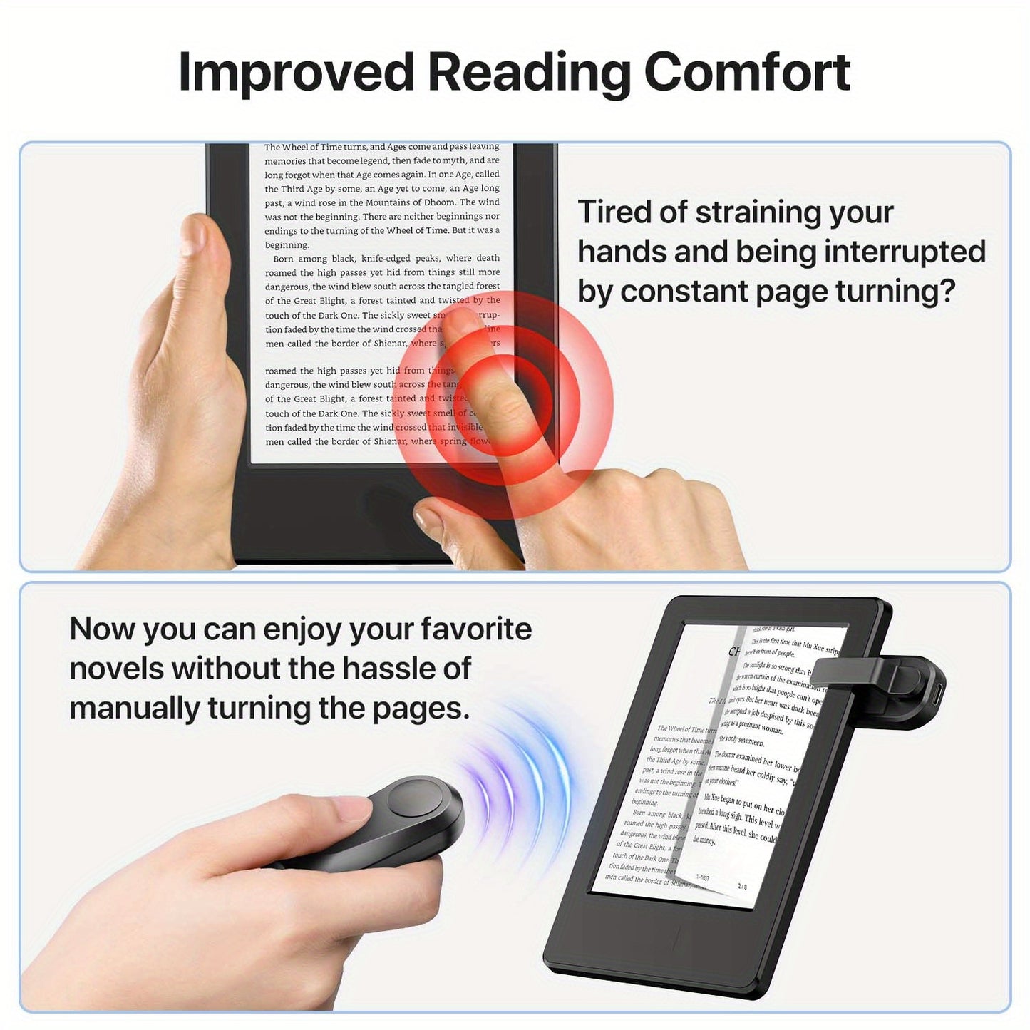 Rechargeable RF remote for turning pages and taking photos on Kindle, iPad, Surface, comics, iPhone, and Android tablets.