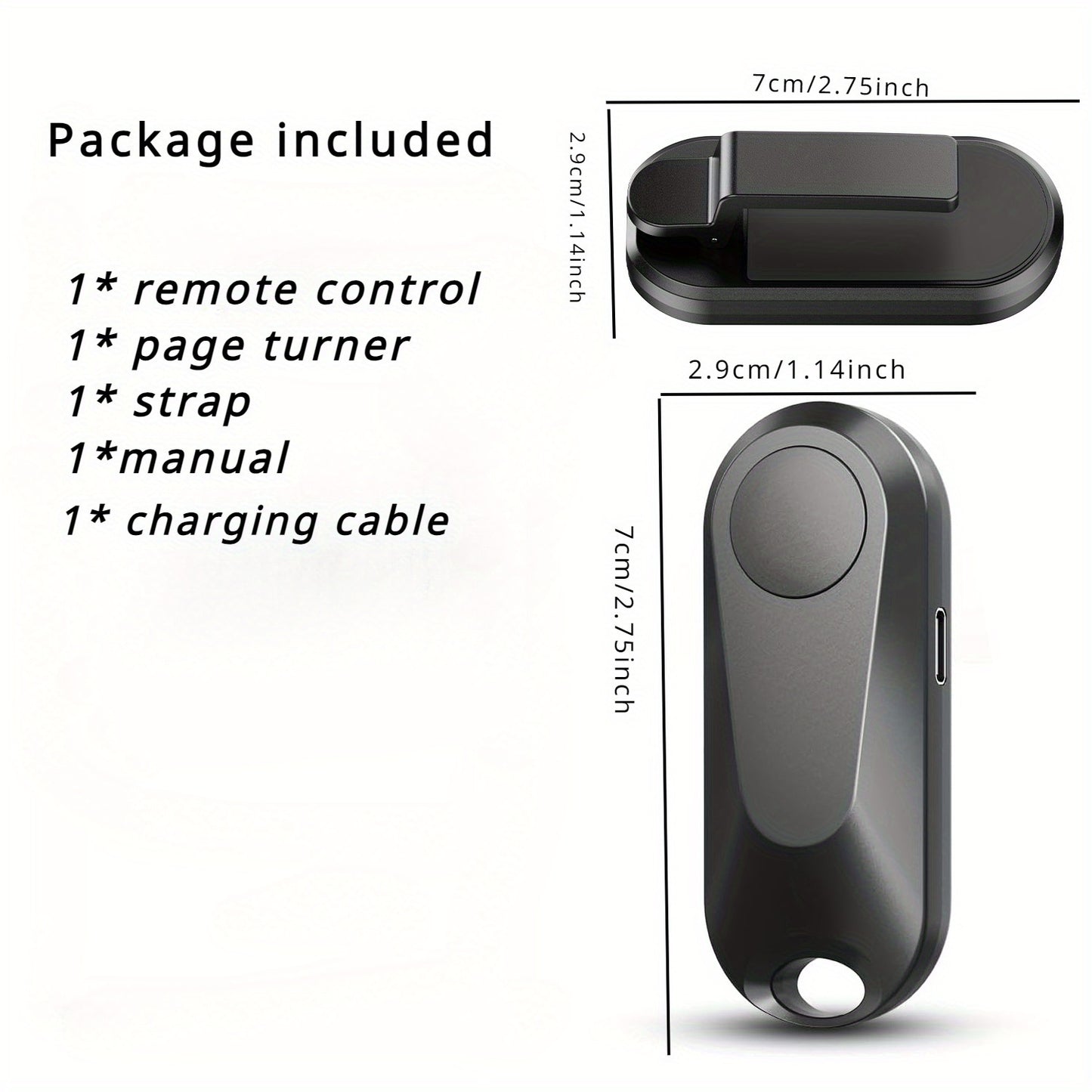 Rechargeable RF remote for turning pages and taking photos on Kindle, iPad, Surface, comics, iPhone, and Android tablets.