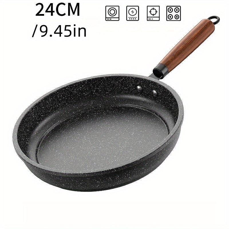 Wooden Handle Non-Stick Frying Pan, Flat Bottom Skillet Ideal for Pancakes and Eggs, Low Smoke, Suitable for Gas Stove and Induction Cooker