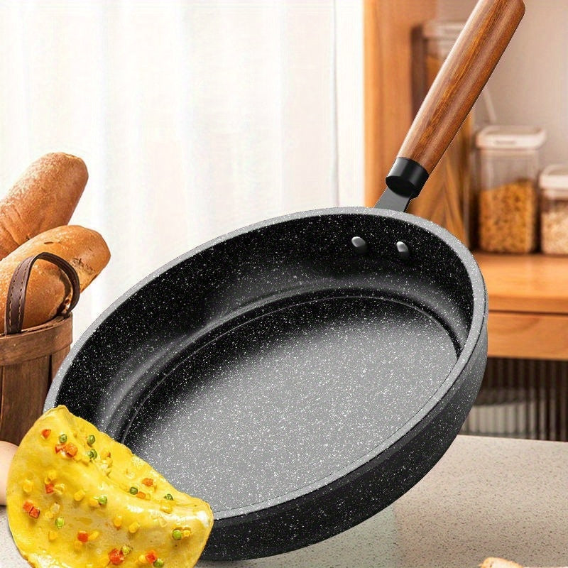 Wooden Handle Non-Stick Frying Pan, Flat Bottom Skillet Ideal for Pancakes and Eggs, Low Smoke, Suitable for Gas Stove and Induction Cooker