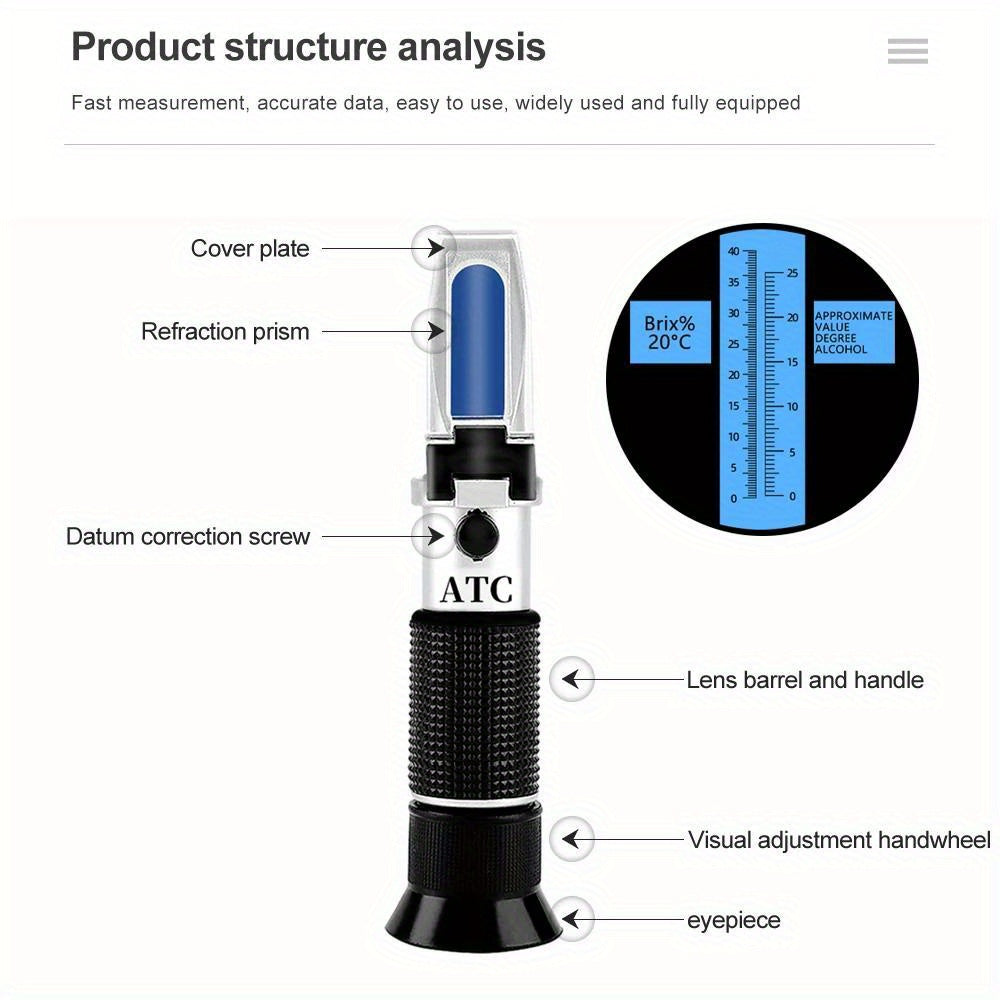 Portable alcohol and sugar refractometer measures alcohol content and Brix for wines, beers, and more - essential for kitchen and bar.