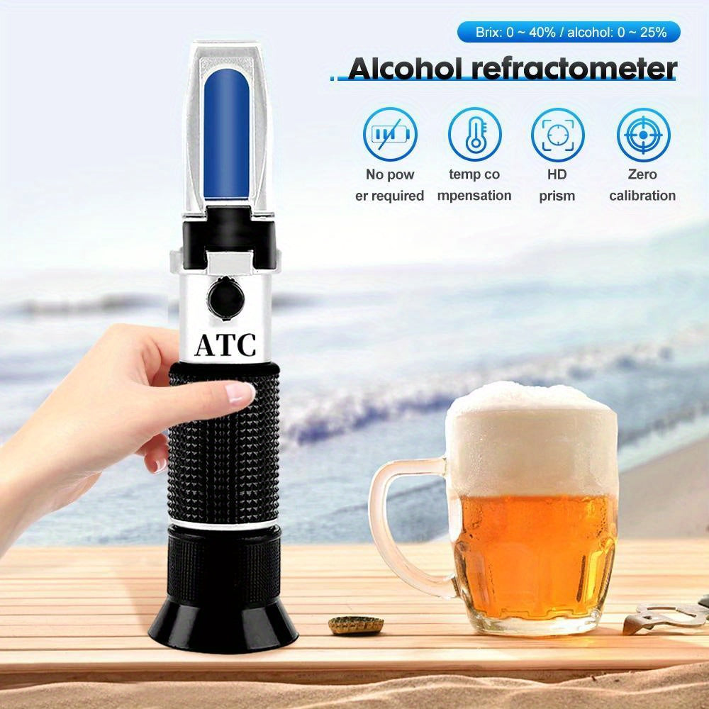 Portable alcohol and sugar refractometer measures alcohol content and Brix for wines, beers, and more - essential for kitchen and bar.