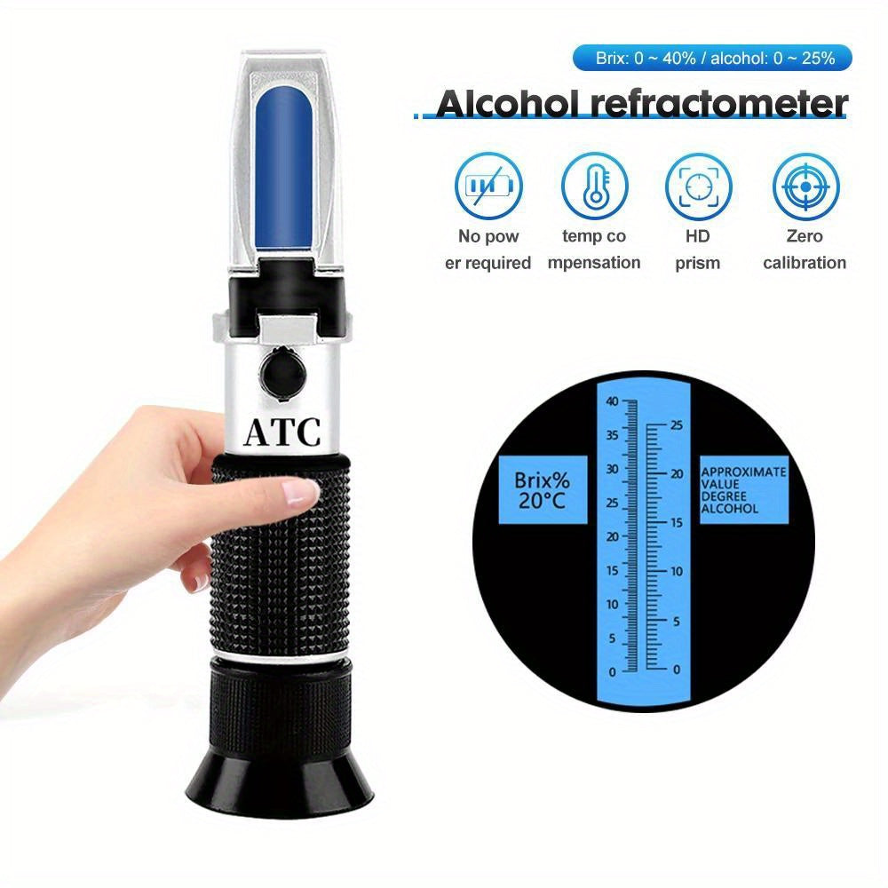 Portable alcohol and sugar refractometer measures alcohol content and Brix for wines, beers, and more - essential for kitchen and bar.