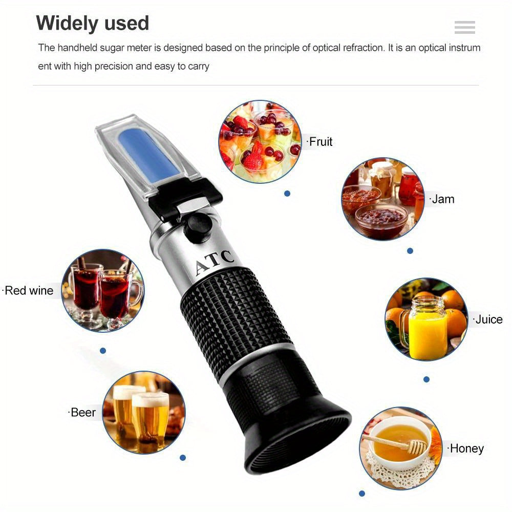 Portable alcohol and sugar refractometer measures alcohol content and Brix for wines, beers, and more - essential for kitchen and bar.