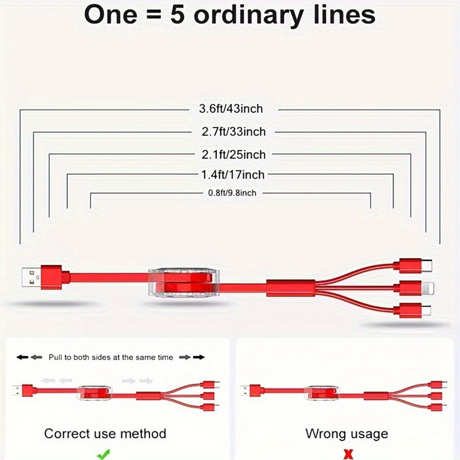 Multi-functional USB charging cable compatible with various devices such as iPhones, Samsung Galaxy, Honor, Realme, and Xiaomi.