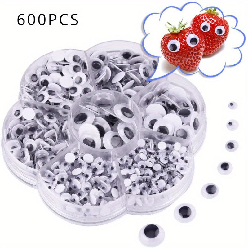 600 self-adhesive activity eyes in mixed sizes, black and white plastic. Easy to use for fun and creative crafts and decorations.