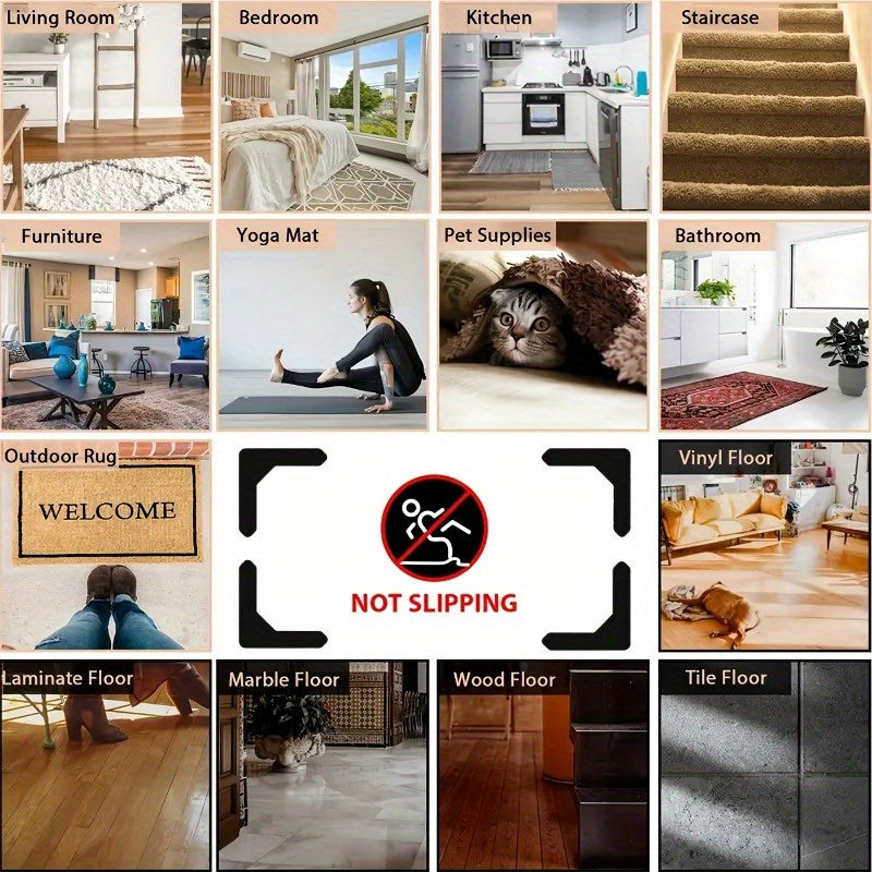 Non-Slip Rug Grippers 4-Pack: Keep your rugs in place with these anti-slip carpet corner stickers. Durable and easy to install, these grips are perfect for the living room, bedroom, or bathroom. Say goodbye to rug slipping with our roll-resistant design!