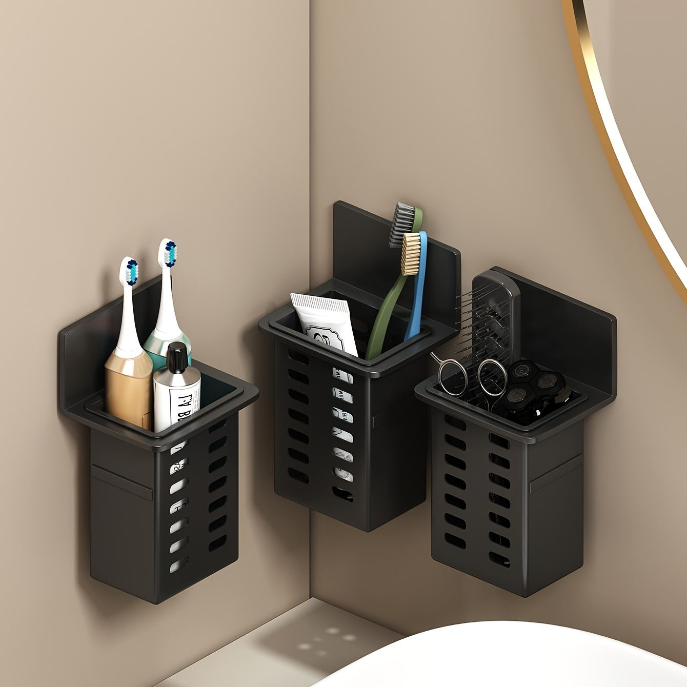 Toothbrush holder for bathroom, wall-mounted storage rack for toothbrushes and toothpaste, multifunctional bathroom organizer.