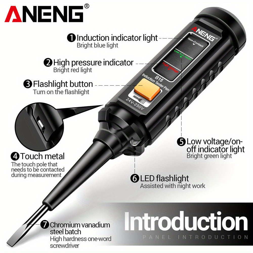 ANENG B15 Electrician's Voltage Tester Pen with LCD Display, Insulated Screwdriver for DC Detection, Self-Testing Function, Line Breakpoint Lookup, Sound and Light Alert, Battery-Powered