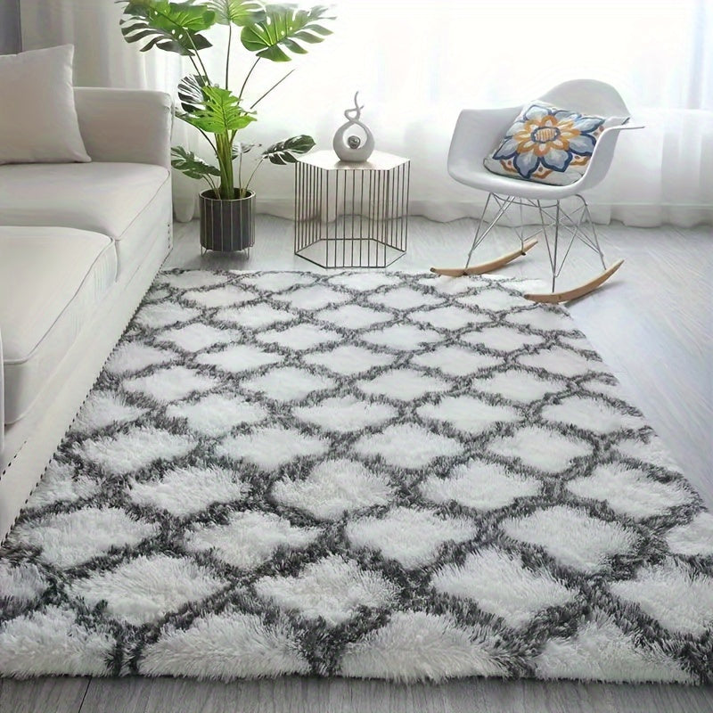 Large Plush Shag Area Mat in Gray and White Ribbed Pattern - Anti-Slip, Soft Polyester Mat for Living Room, Bedroom, Entryway - Stain Resistant, Rectangular Shape, Perfect for Home Decor, Living Room Rugs