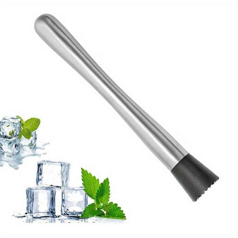 Durable stainless steel mojito muddler for mixing drinks at home or in a bar, ideal for mashing citrus fruits, herbs, and spices.