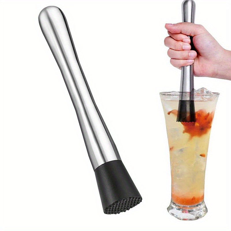 Durable stainless steel mojito muddler for mixing drinks at home or in a bar, ideal for mashing citrus fruits, herbs, and spices.