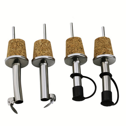 Set of 4 stainless steel pourers for wine, liquor, olive oil, and syrup bottles with cork stoppers.