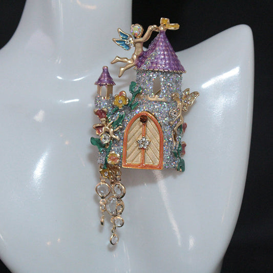 Vintage Medieval Fairy Tale Castle Brooch: Exquisite and Opulent, Unique Shape with Shimmering Crystal Details.