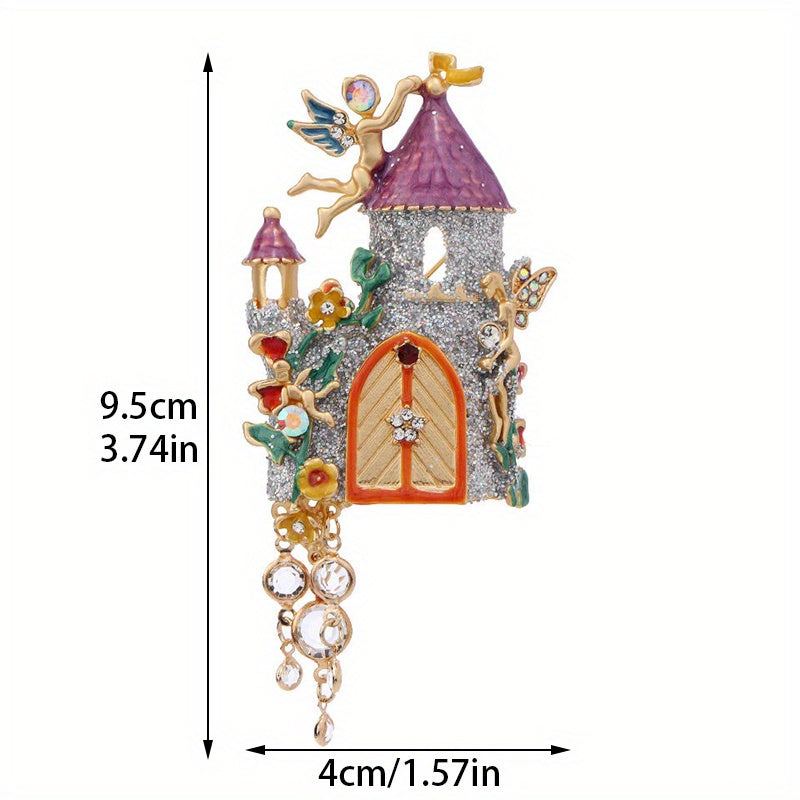 Vintage O'rta asr Fairy Tale Qal'asi Brosh: Ajoyib va Hashamatli, O'ziga xos Shakl va Porlaydigan Kristall Tafsilotlar.