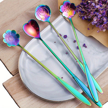 4pcs Stainless Steel Dessert Spoon Set with Elegant Flower & Heart Design for Coffee, Ice Cream, Tableware