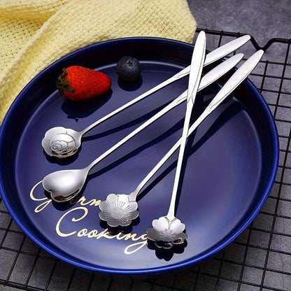 4pcs Stainless Steel Dessert Spoon Set with Elegant Flower & Heart Design for Coffee, Ice Cream, Tableware