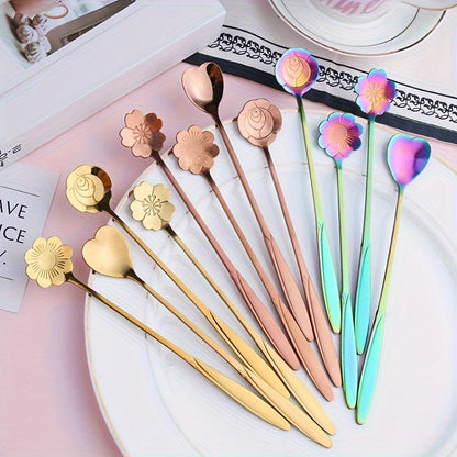 4pcs Stainless Steel Dessert Spoon Set with Elegant Flower & Heart Design for Coffee, Ice Cream, Tableware