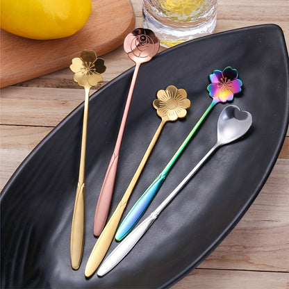 4pcs Stainless Steel Dessert Spoon Set with Elegant Flower & Heart Design for Coffee, Ice Cream, Tableware