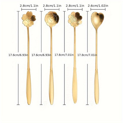 4pcs Stainless Steel Dessert Spoon Set with Elegant Flower & Heart Design for Coffee, Ice Cream, Tableware