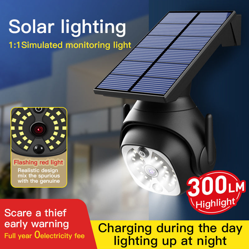 Solar-powered motion detector flood light with faux security camera for wireless outdoor lighting in yard, garage, garden.