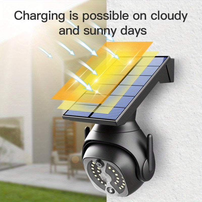 Solar-powered motion detector flood light with faux security camera for wireless outdoor lighting in yard, garage, garden.