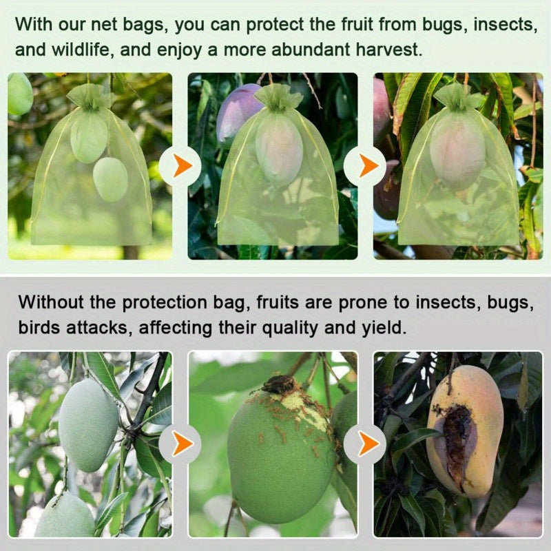 Fifty green polyester fruit protection bags are included in this pack, featuring insect netting for your garden. These bags serve as a plant pest barrier mesh, perfect for protecting apples, tomatoes, and strawberries.