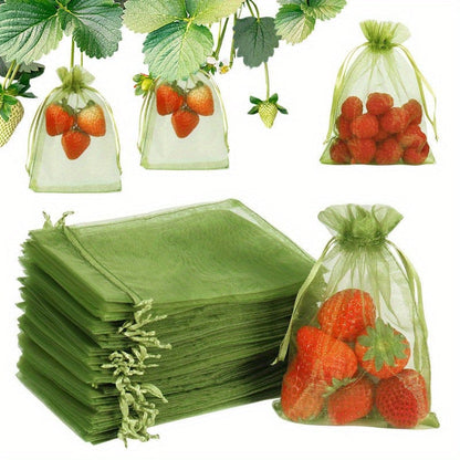 Fifty green polyester fruit protection bags are included in this pack, featuring insect netting for your garden. These bags serve as a plant pest barrier mesh, perfect for protecting apples, tomatoes, and strawberries.