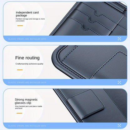 Car Sun Visor Organizer for Fashion Glasses, Cards, and License, Black PVC, 27.51 x 16.51 cm, Convenient Auto Accessory.