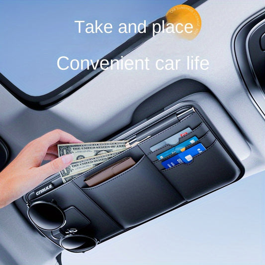 Car Sun Visor Organizer for Fashion Glasses, Cards, and License, Black PVC, 27.51 x 16.51 cm, Convenient Auto Accessory.